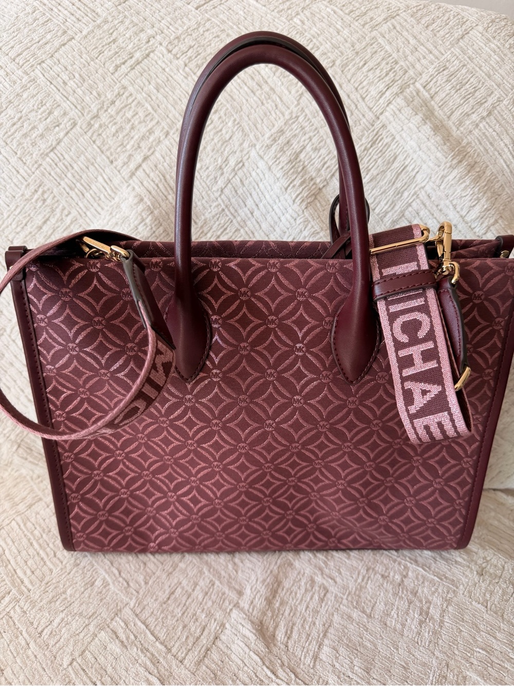 Michael Kors Mirella Rose Burgundy Satchel with Logo Strap